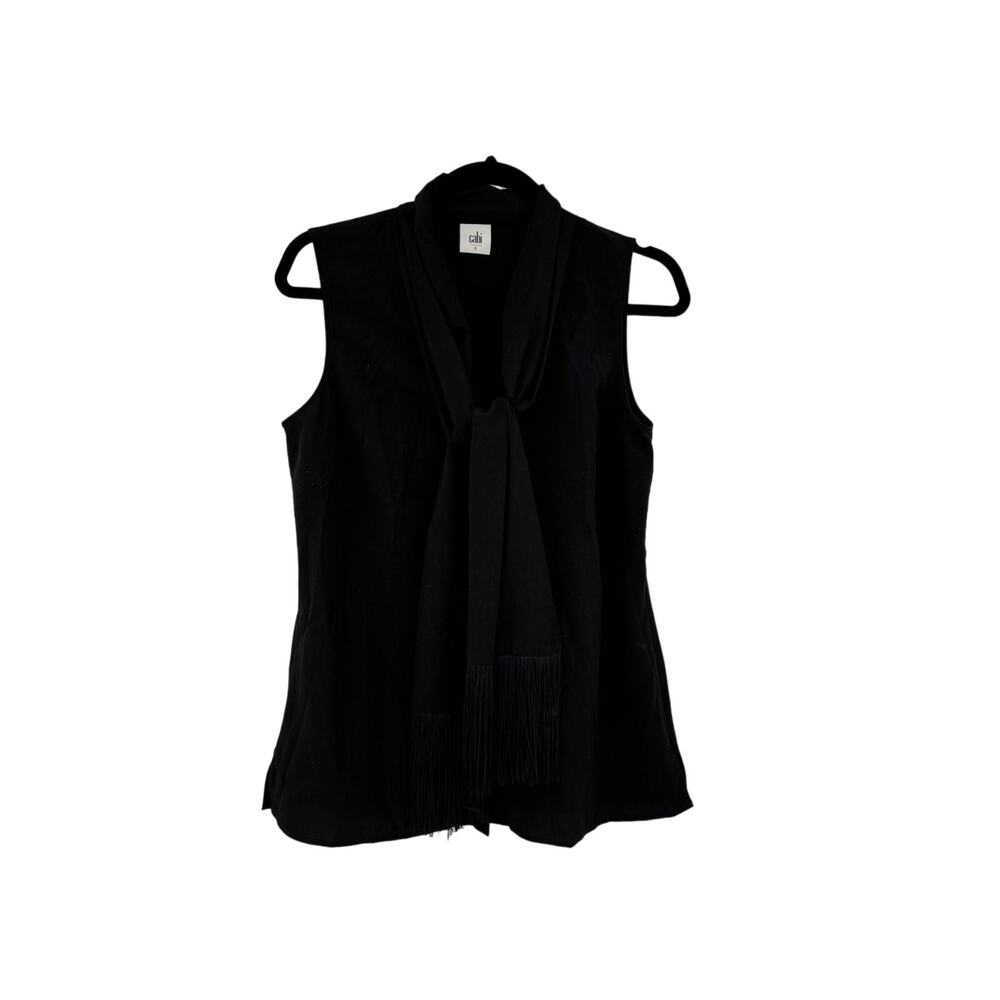 Cabi Top Womens Small Sleeveless Fringe Scarf Blouse Black Button Front #3430